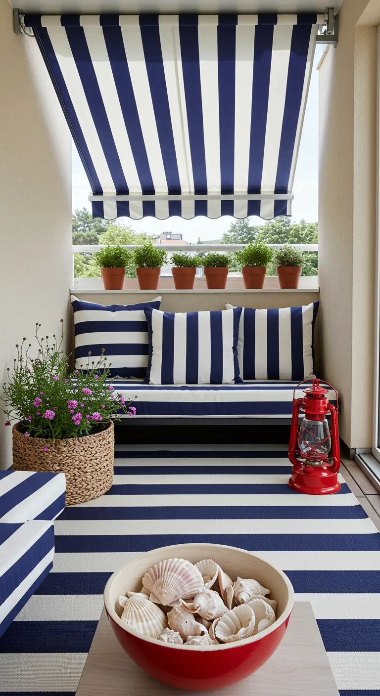 Balcón completamente decorado con telas de rayas azules y blancas, con un farol rojo como contraste.