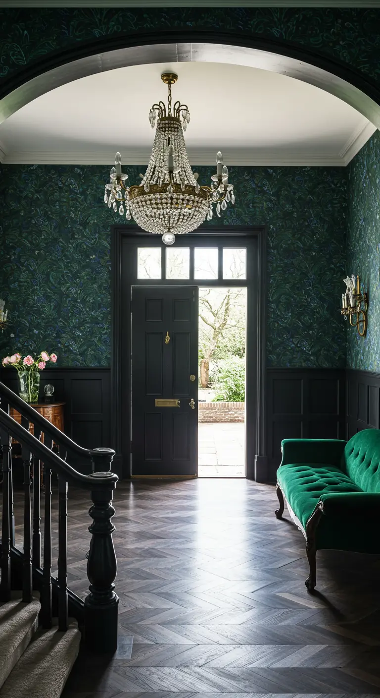 Entrada dramática con papel tapiz botánico oscuro, puerta negra y sofá de terciopelo verde.