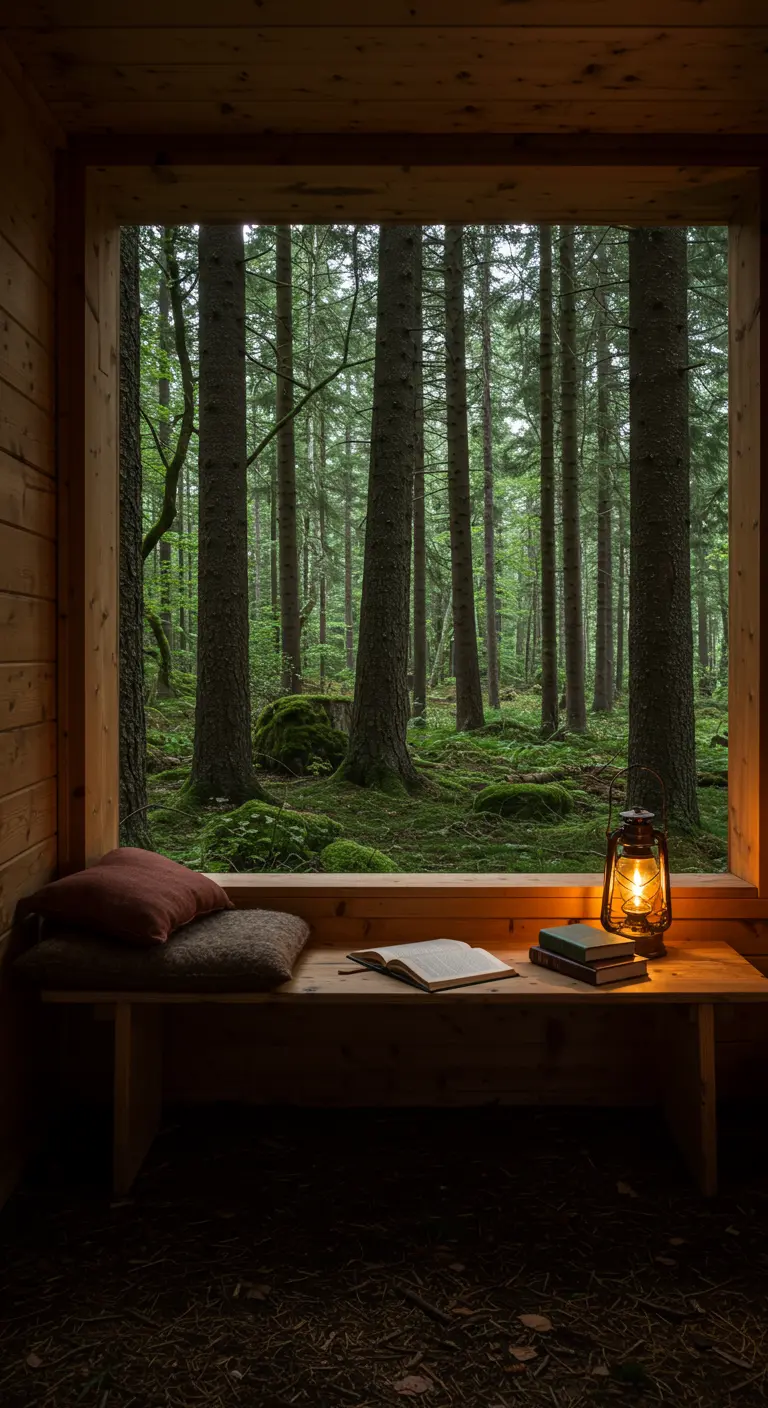 Rincón de trabajo en una cabaña de madera con una lámpara de aceite y vistas a un bosque denso.