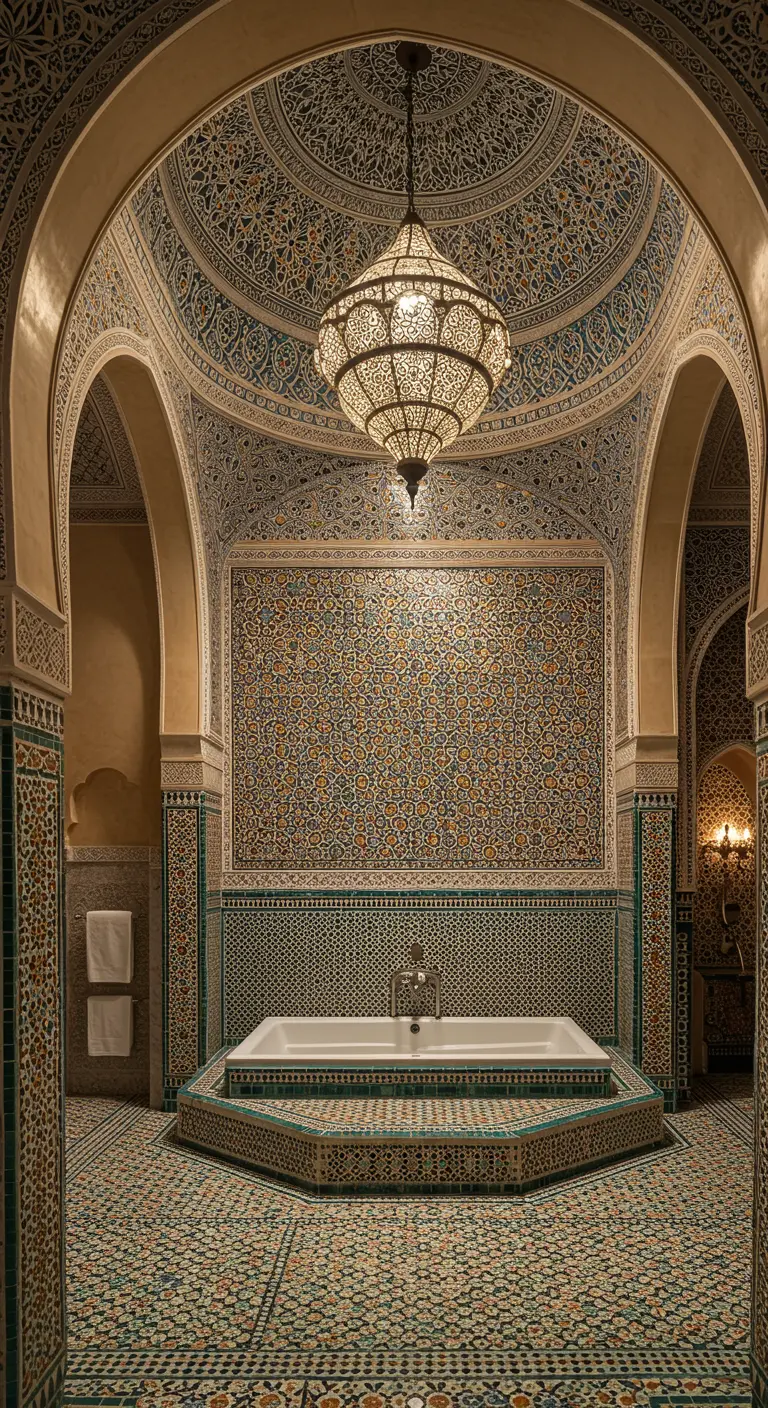 Baño marroquí opulento completamente cubierto de mosaicos zellij y una gran lámpara colgante