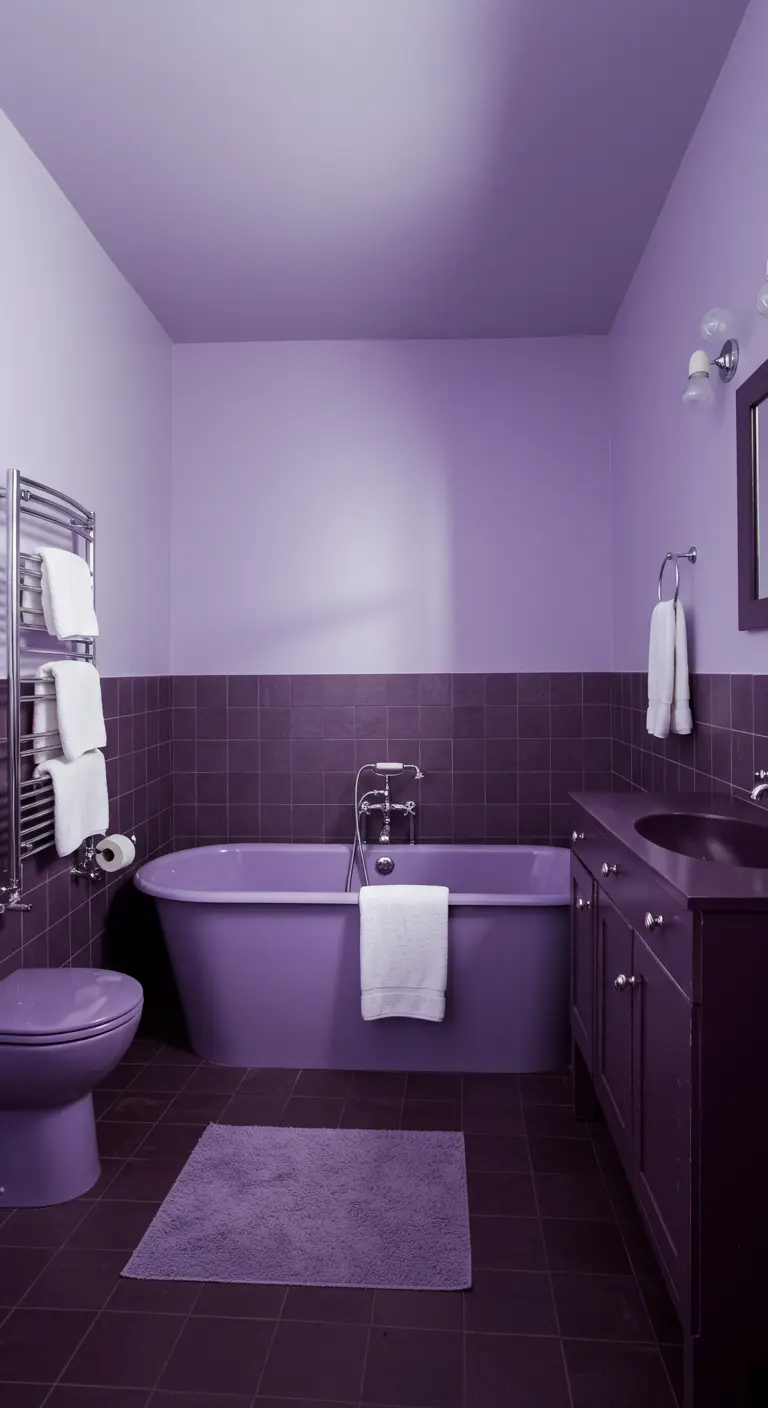 Baño completamente púrpura, con sanitarios y bañera del mismo color que las paredes