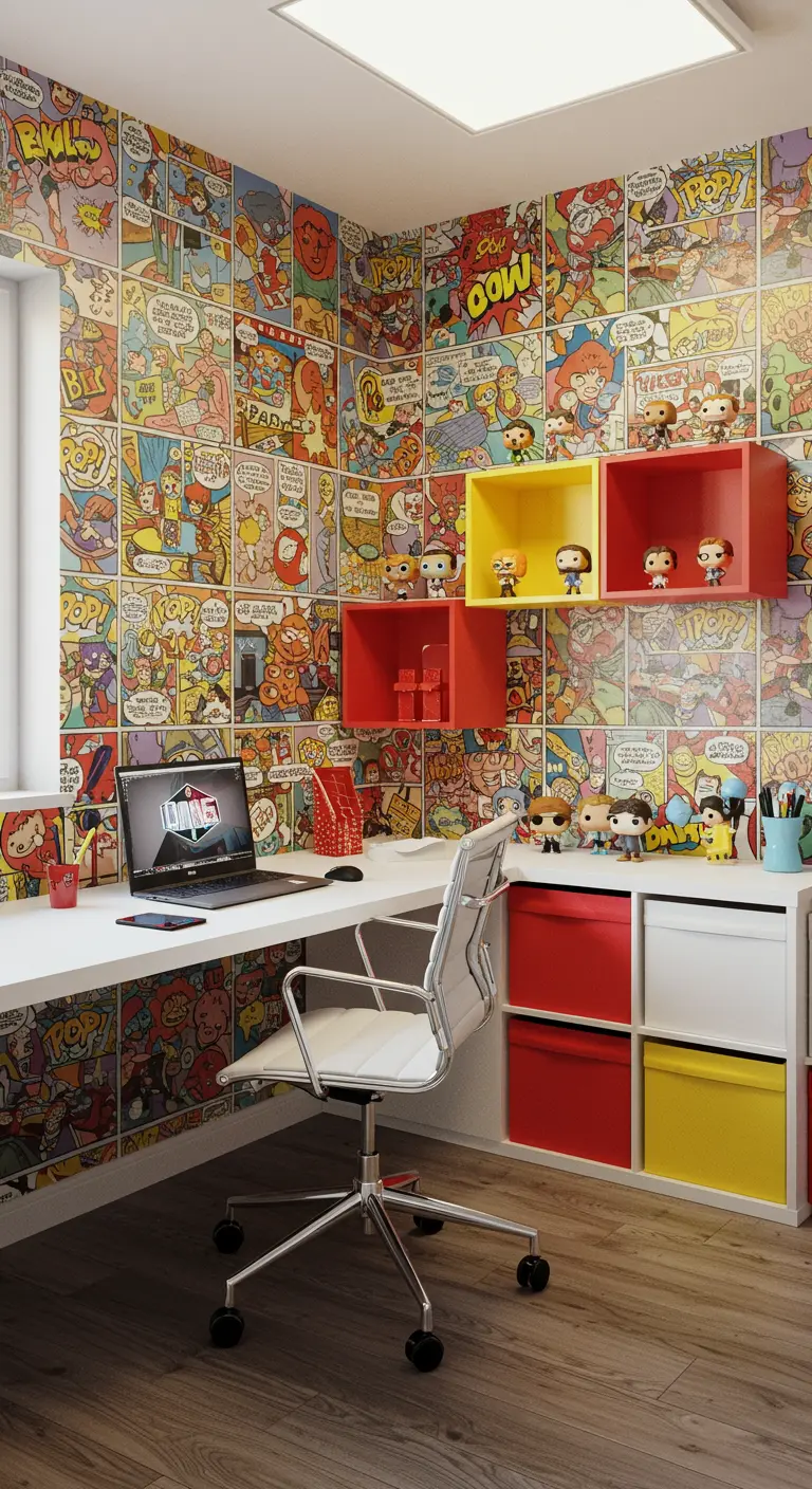 Oficina con paredes empapeladas de cómics y estanterías modulares de colores vivos.