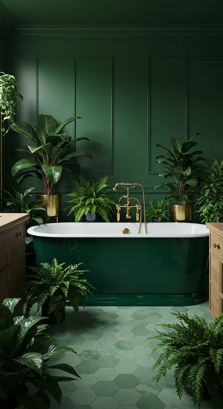 Baño completamente verde con paredes, bañera y plantas en distintos tonos de verde