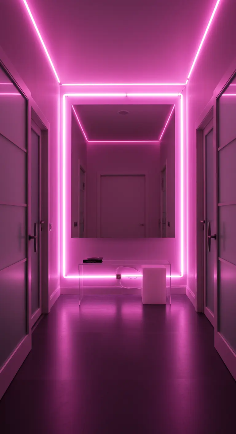 Pasillo de entrada completamente iluminado con luces de neón fucsia que enmarcan un gran espejo.