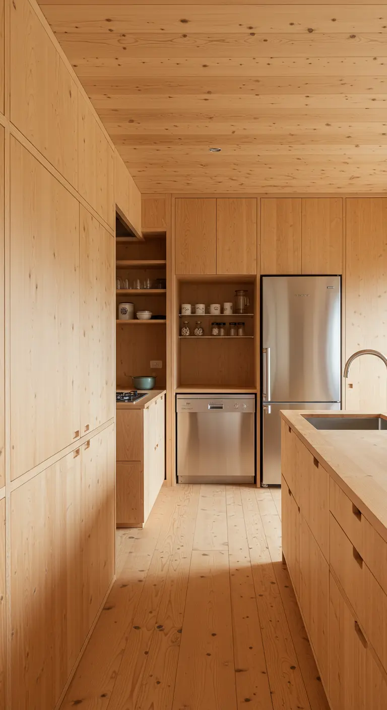 Cocina completamente revestida en madera clara, desde el suelo hasta el techo y los armarios