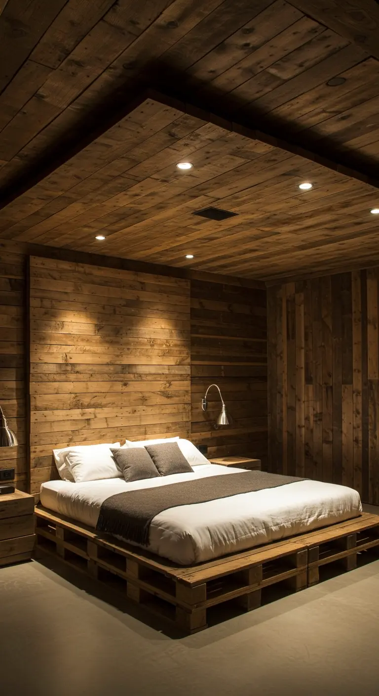 Dormitorio moderno con paredes y techo revestidos de madera, y una cama de palets integrada.