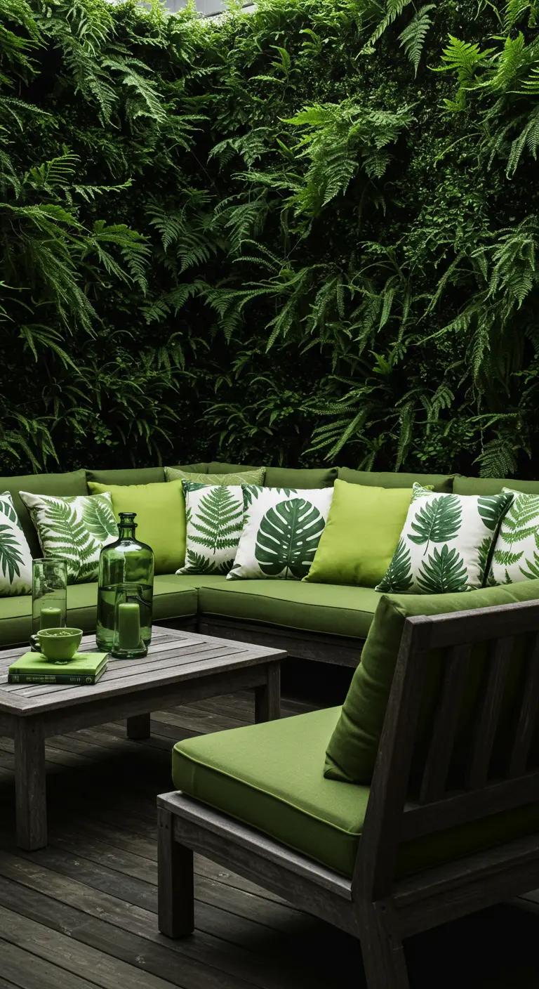 Zona de descanso exterior con sofás verdes y cojines de hojas, rodeada de un muro verde.