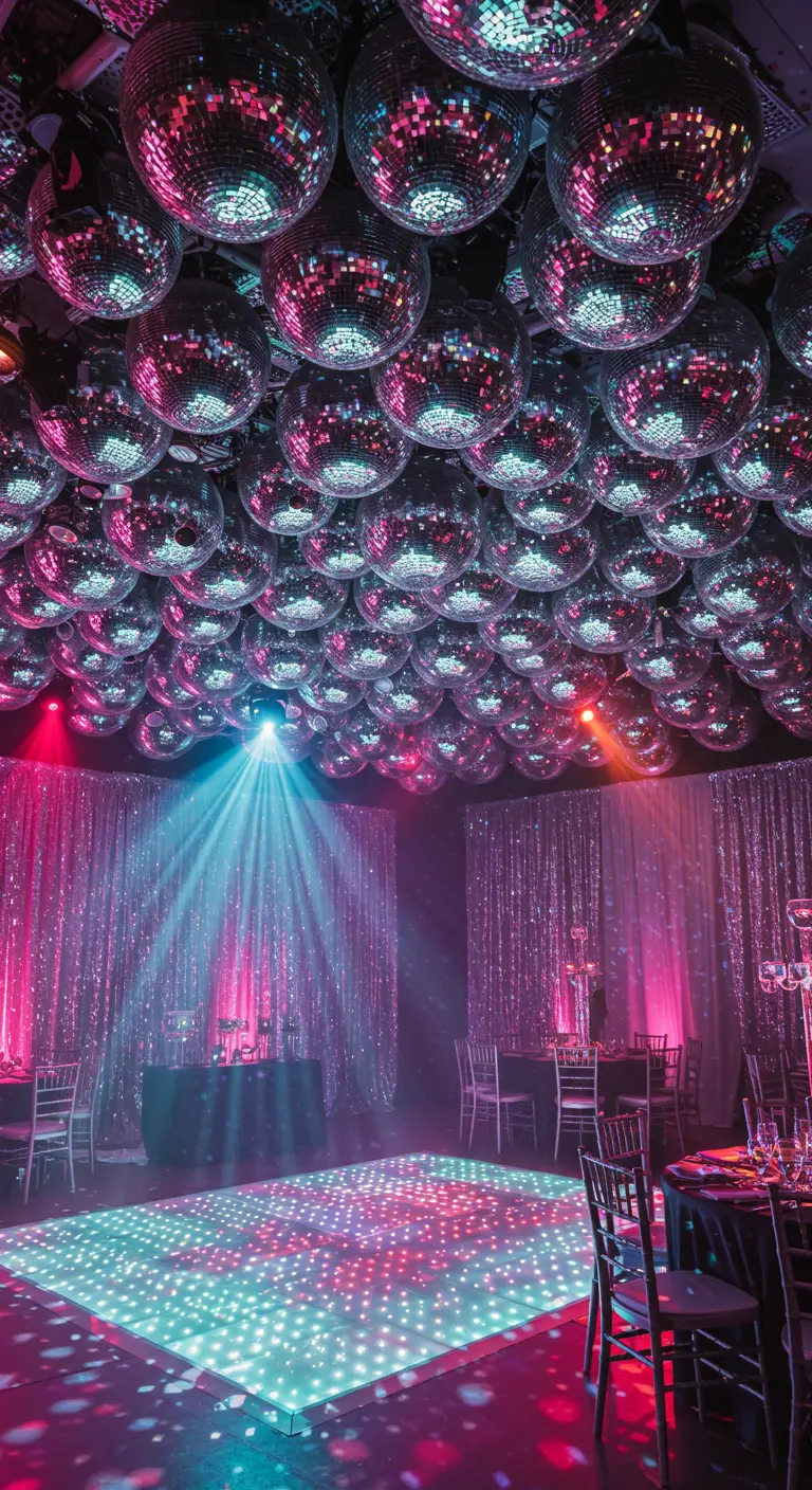 Un techo completamente cubierto de bolas de discoteca iluminadas con luces de colores.