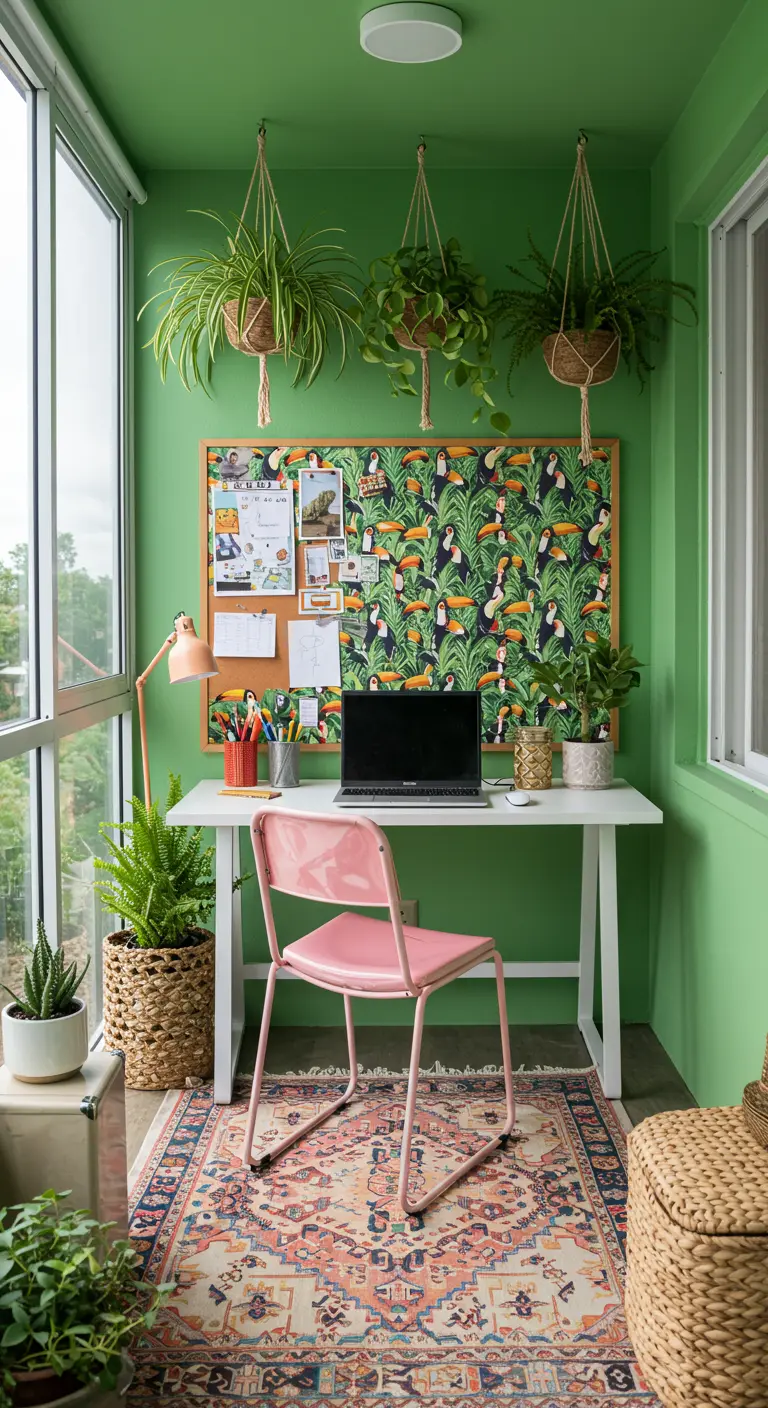 Oficina en un balcón cerrado con paredes verdes, plantas colgantes y tablero de corcho tropical.