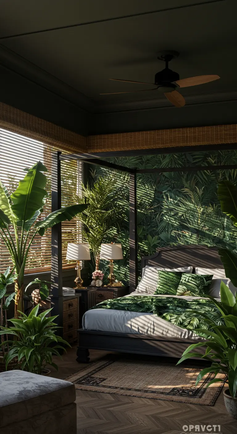 Dormitorio con papel pintado de jungla, muchas plantas altas y persianas de bambú.