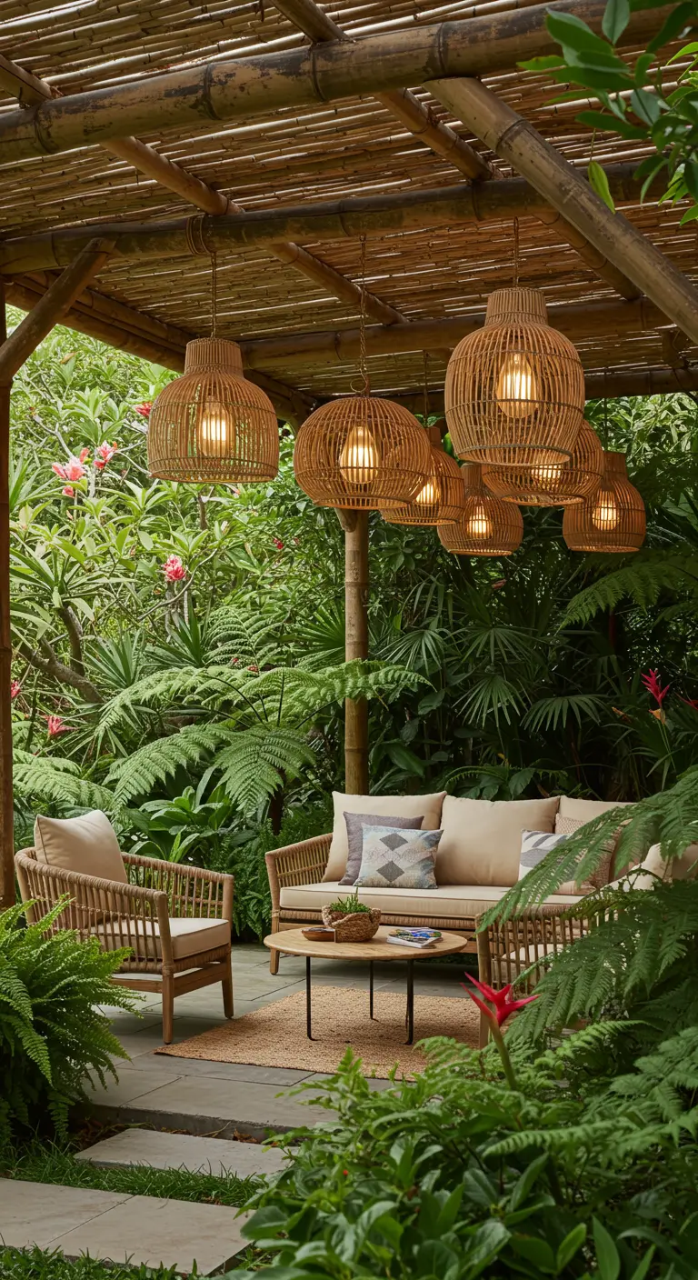 Patio tropical rodeado de vegetación con pérgola de bambú y lámparas de ratán