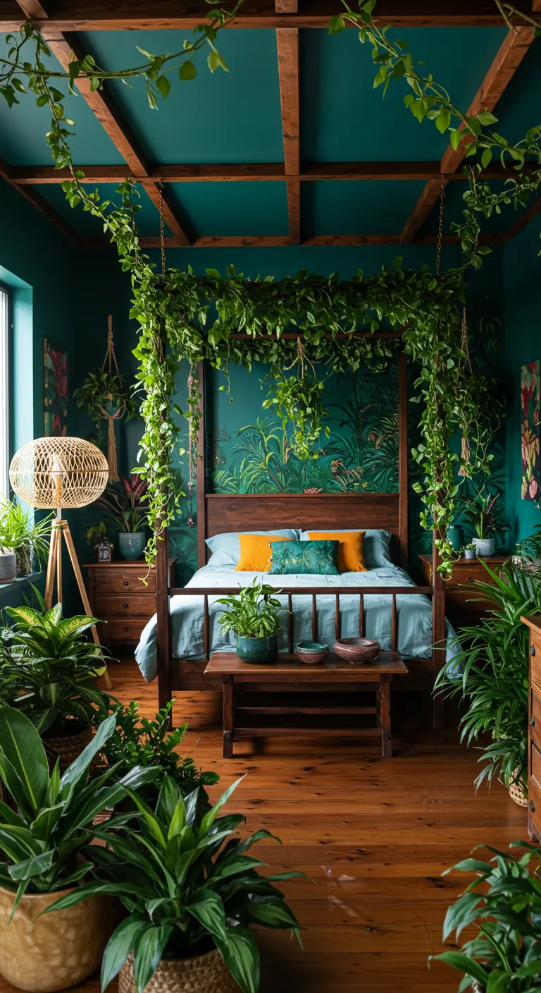 Dormitorio exuberante lleno de plantas colgantes y en macetas, con paredes verde azulado.