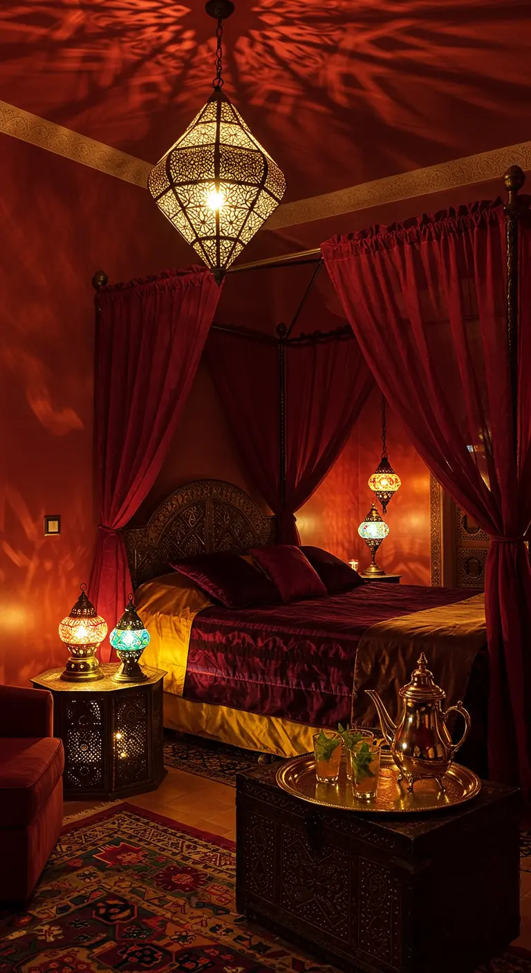 Habitación marroquí en tonos rojos intensos con cama con dosel y varias lámparas turcas.