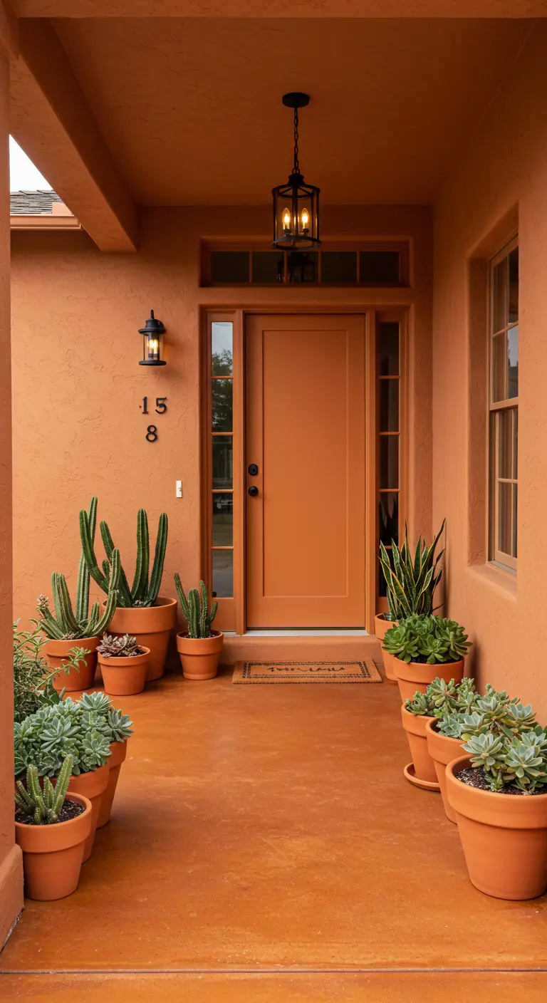 Porche completamente pintado en tonos terracota, con hileras de macetas a juego