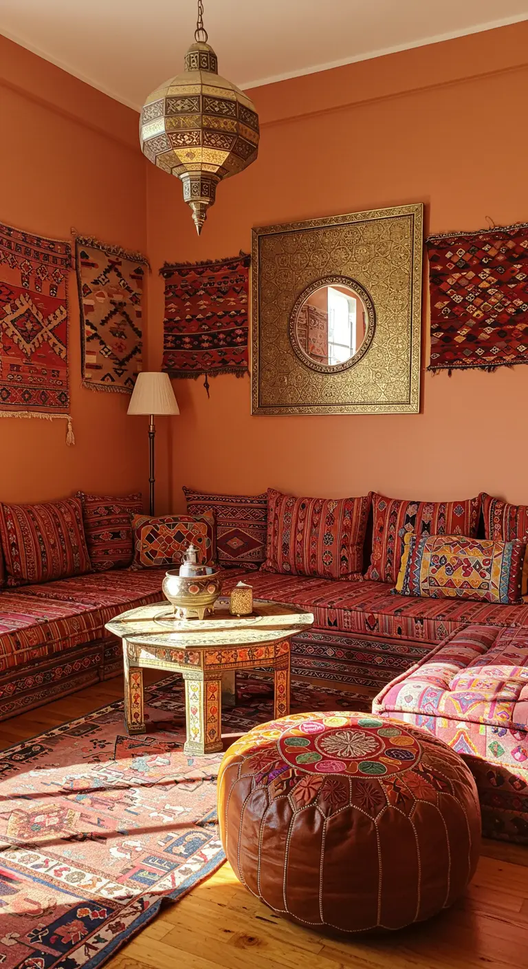 Salón marroquí con paredes terracota, sofá modular con textiles coloridos y espejo dorado