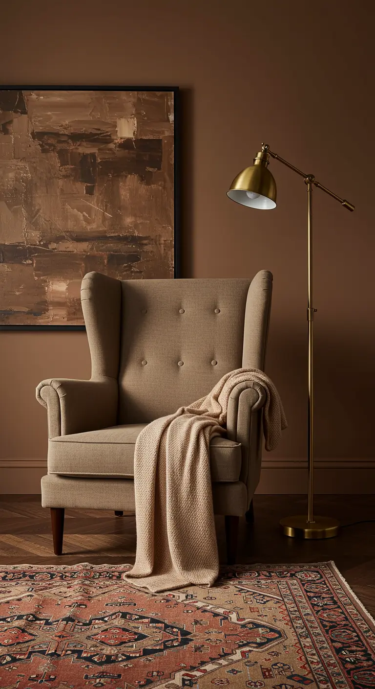 Sillón orejero beige en una habitación marrón, con lámpara de pie dorada y cuadro abstracto.