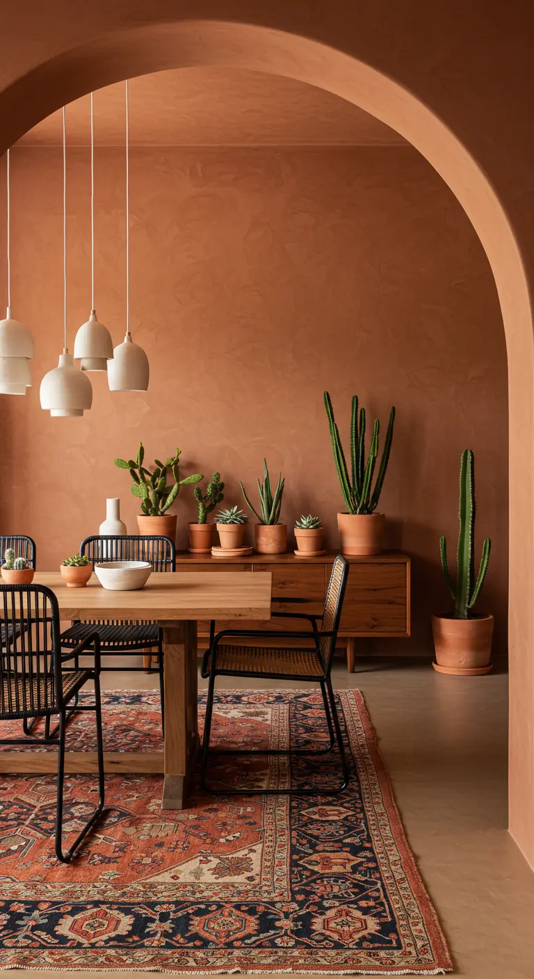 Comedor bohemio con paredes de color terracota, mesa de madera y una colección de cactus