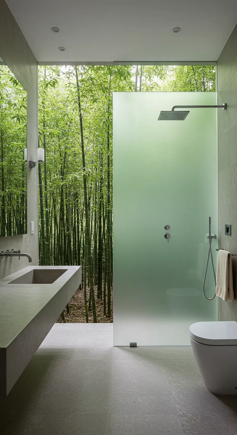 Baño minimalista con pared de cristal que da a un frondoso jardín de bambú.