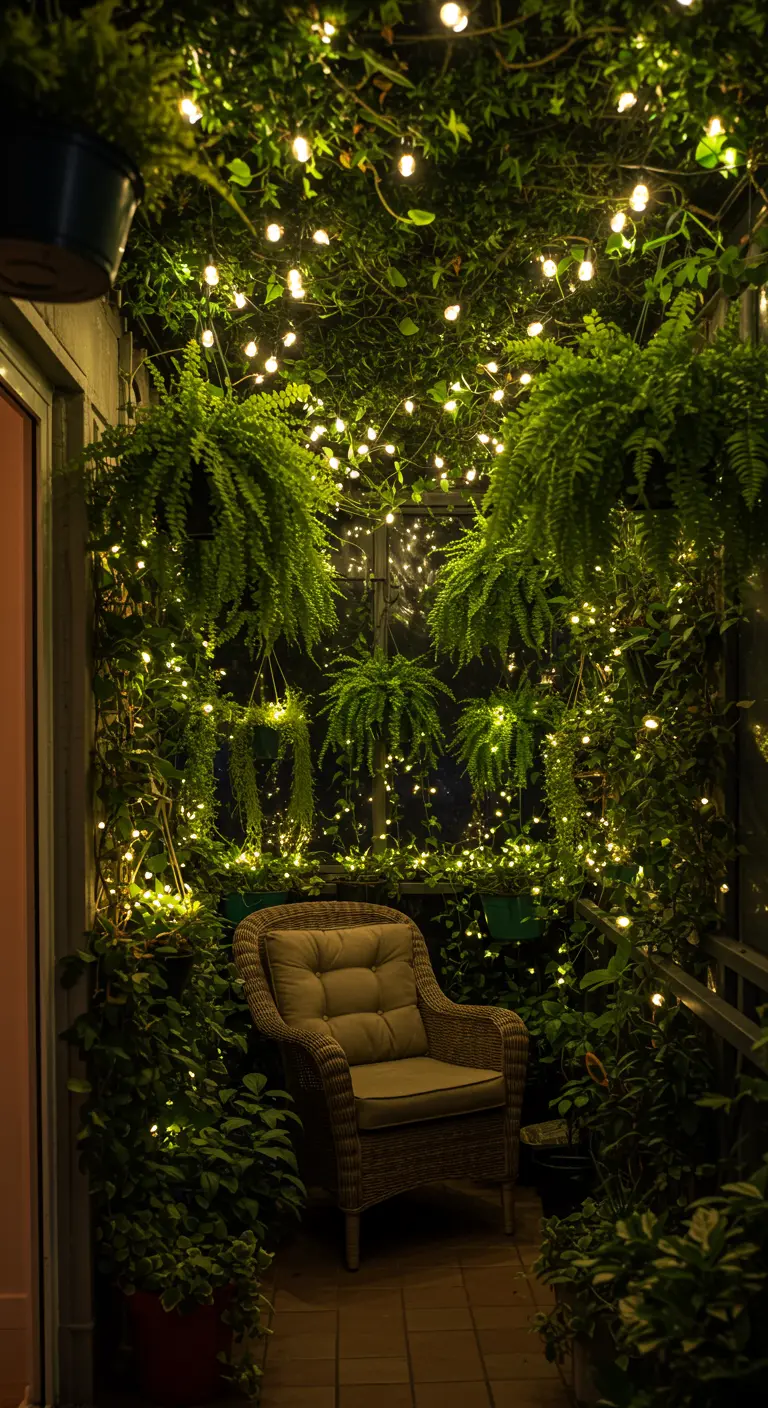 Balcón completamente cubierto de plantas y luces de hadas, creando un túnel verde con un sillón en el centro.