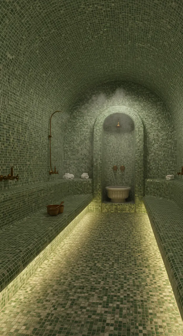 Hammam completamente revestido de mosaico verde jade con iluminación LED cálida bajo los bancos.