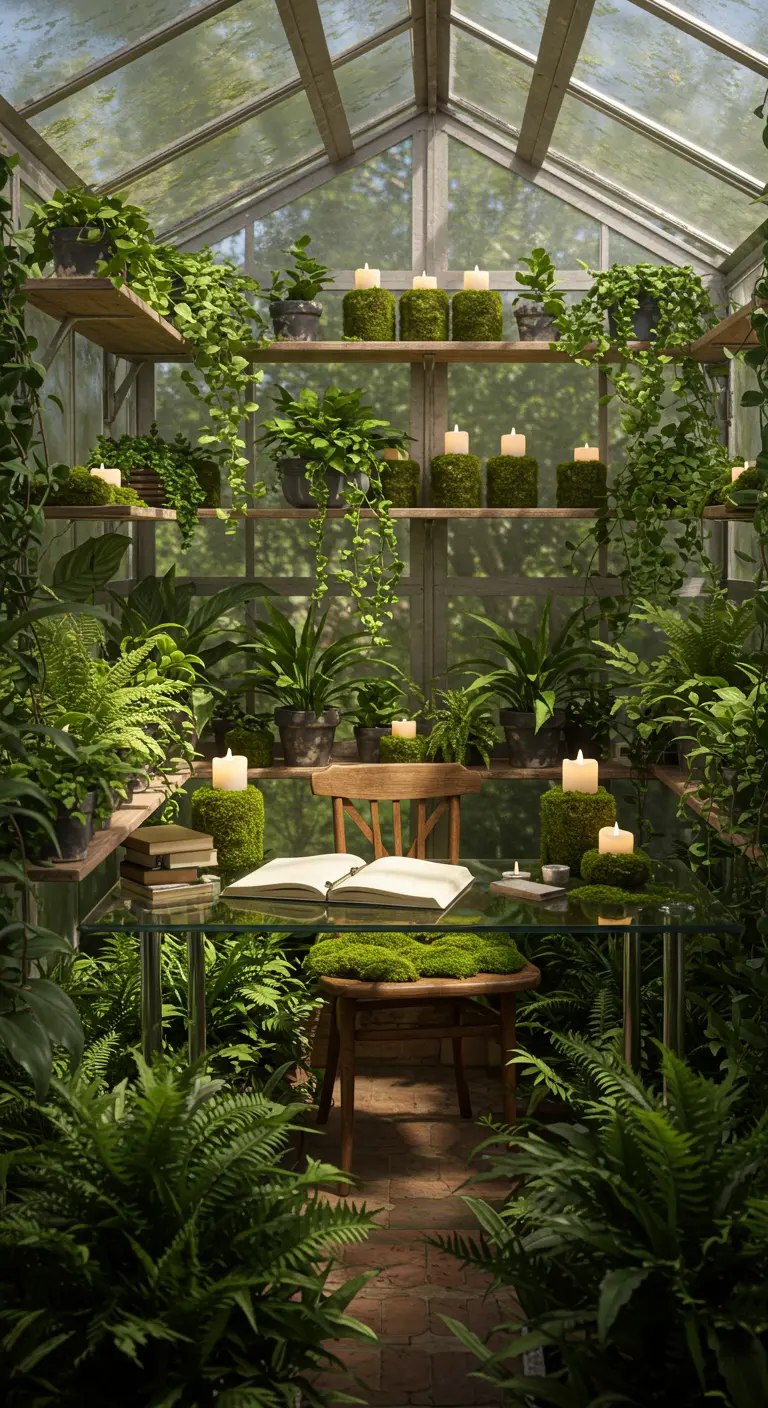 Escritorio de cristal en un invernadero lleno de plantas y velas sobre bases de musgo.