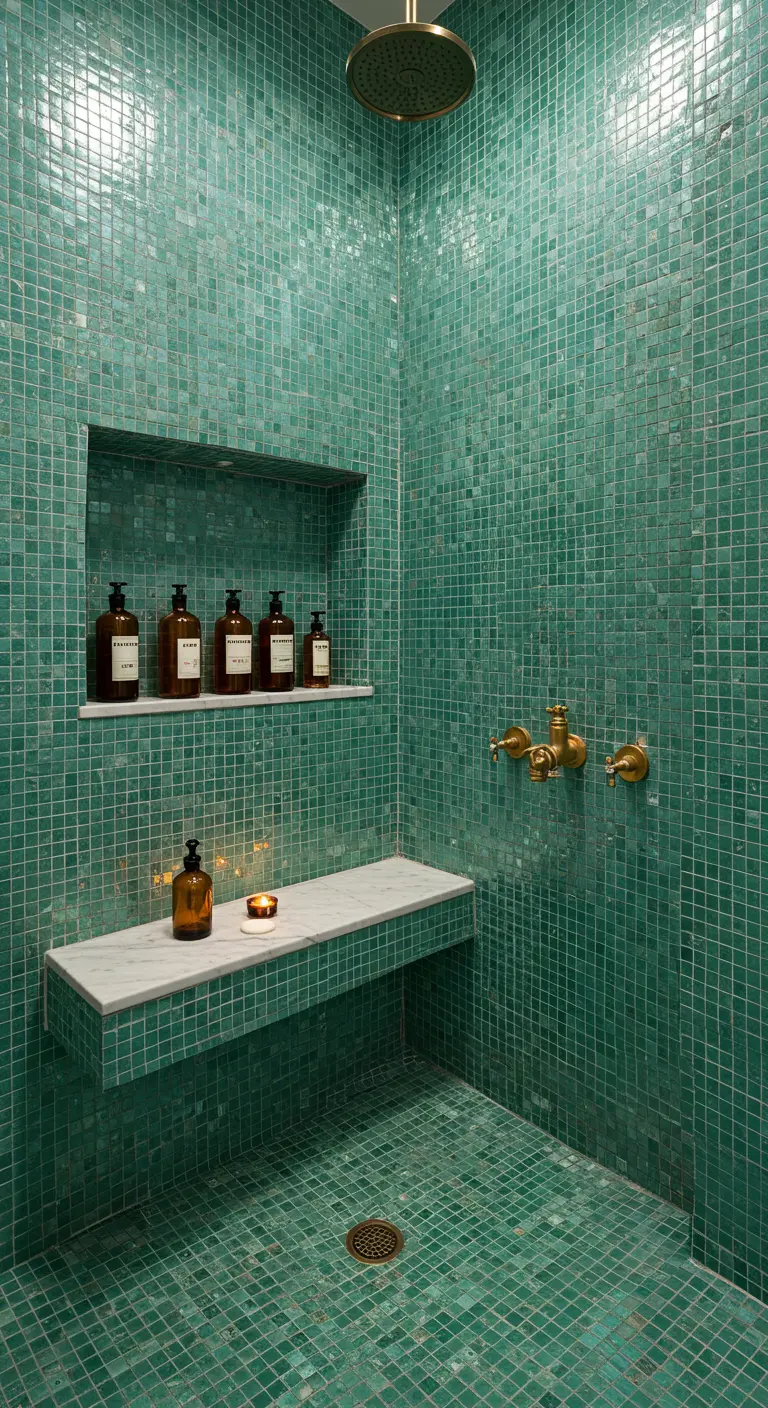 Ducha completamente revestida de mosaico verde con un banco de mármol y grifería de latón