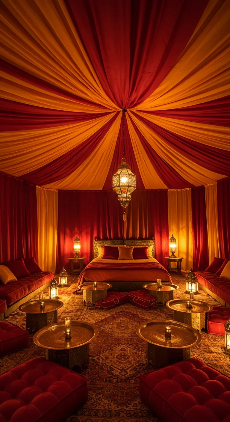 Dormitorio decorado como una tienda árabe con telas rojas y doradas en el techo