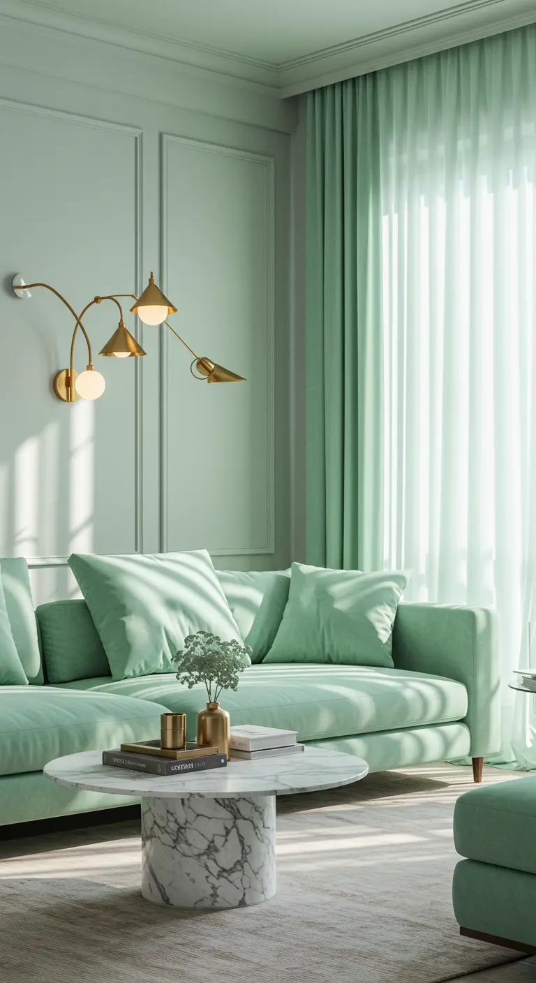 Sala monocromática en verde menta con sofá, paredes y cortinas en el mismo tono.