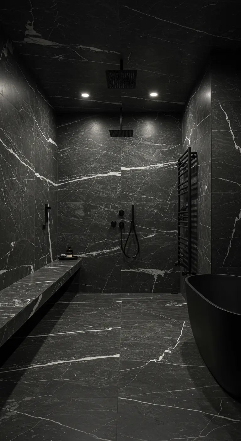 Ducha de obra totalmente revestida en mármol negro con vetas blancas y grifería negra mate
