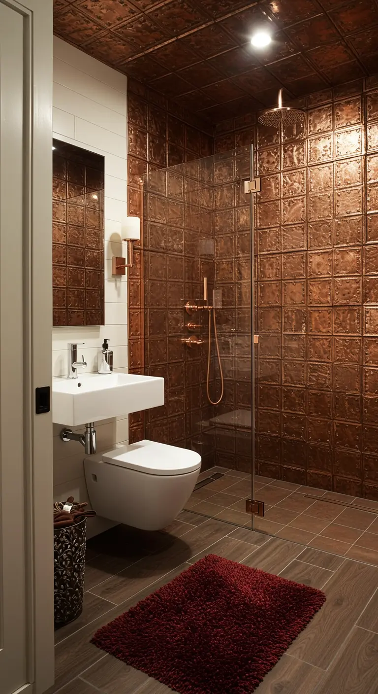 Ducha revestida completamente con paneles de cobre repujado de estilo vintage.