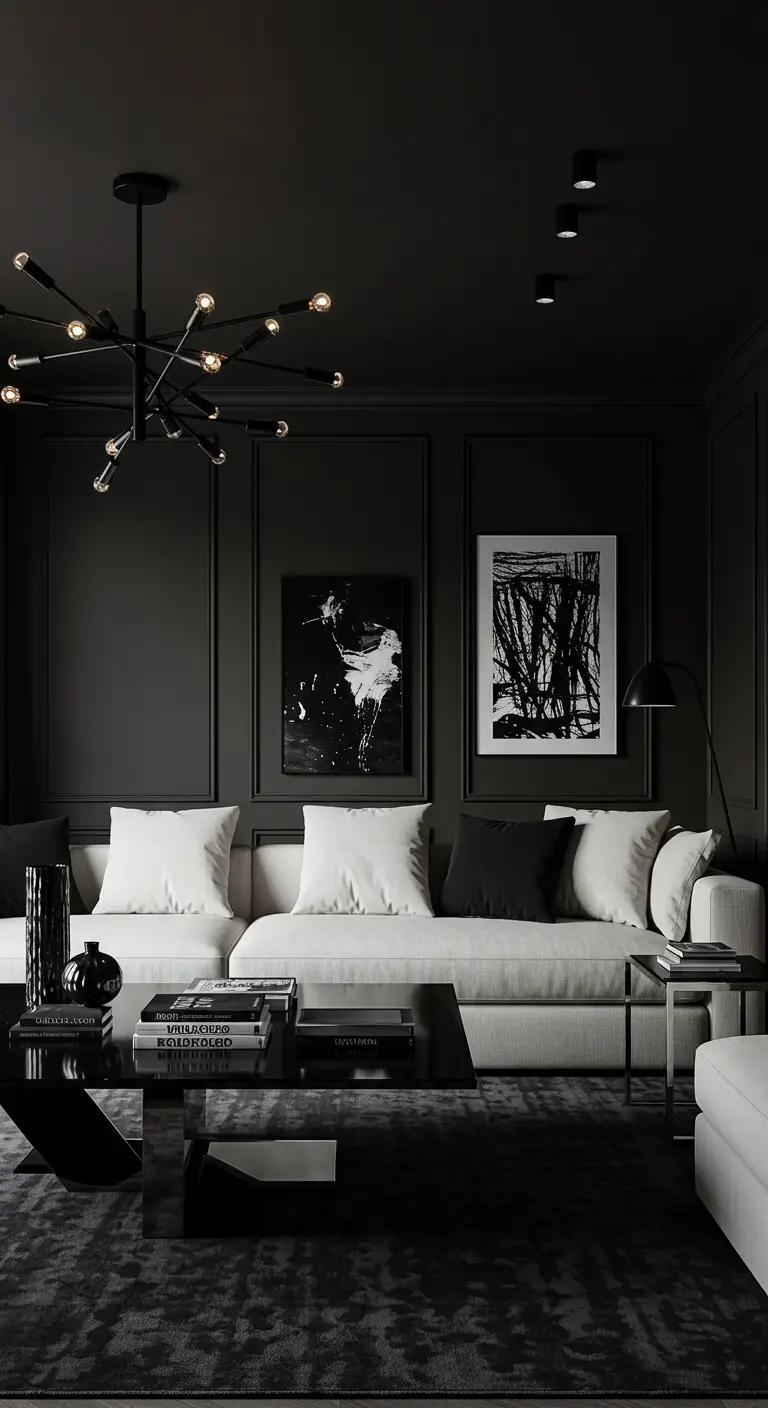 Sala de estar oscura y dramática con paredes y techo negros, y un sofá blanco.