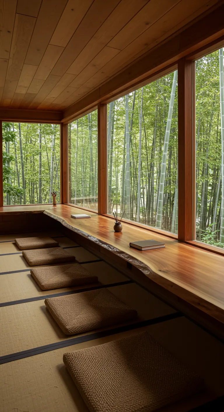 Sala de trabajo japonesa con mesa baja de madera, cojines en el suelo y vistas a un bosque de bambú