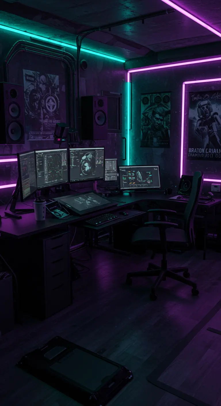 Sala de videojuegos con iluminación de neón morada y cian, varios monitores y pósteres enmarcados.