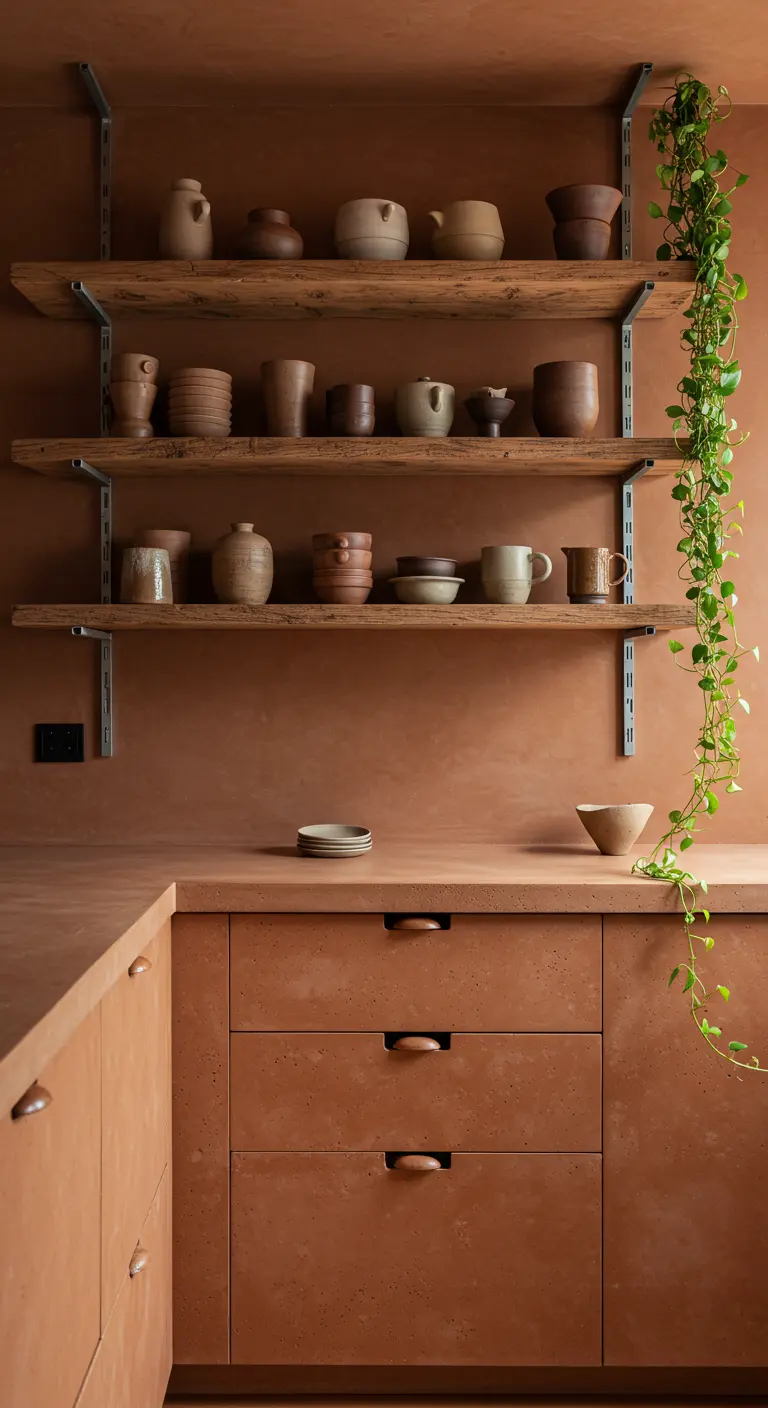 Cocina monocromática con paredes, encimeras y gabinetes de microcemento terracota.
