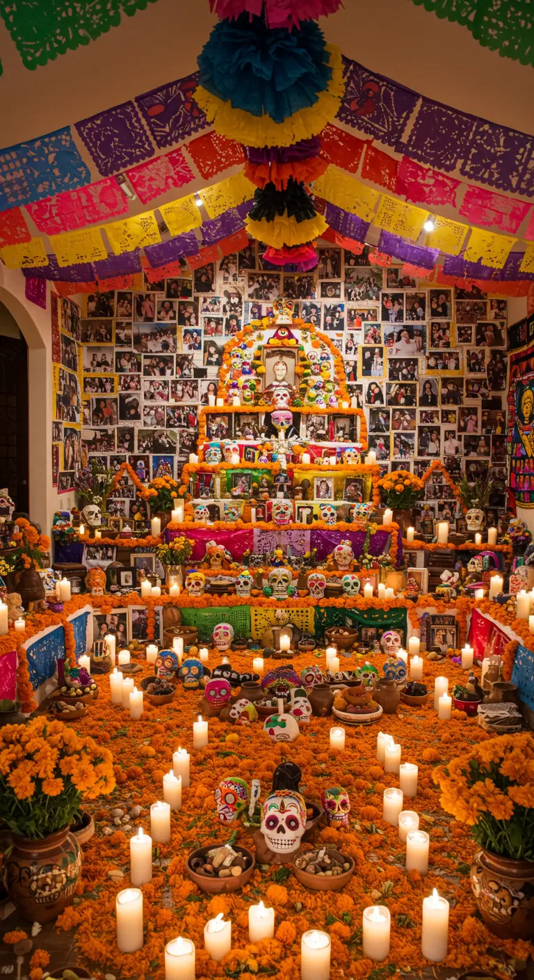Habitación convertida en altar con paredes cubiertas de fotos y suelo lleno de flores y velas.