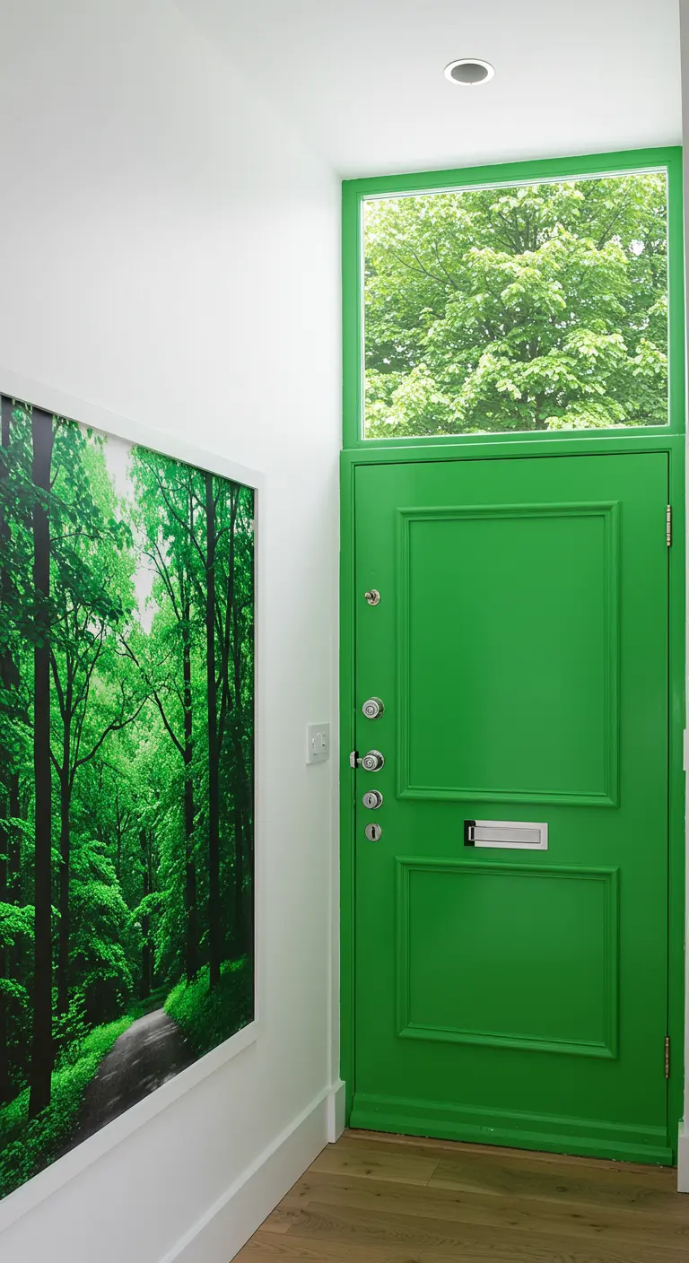 Entrada con una puerta pintada de verde intenso a juego con un gran fotomural de un bosque