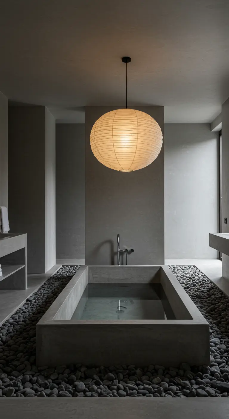 Baño de estilo wabi-sabi con bañera de cemento, piedras y una lámpara de papel