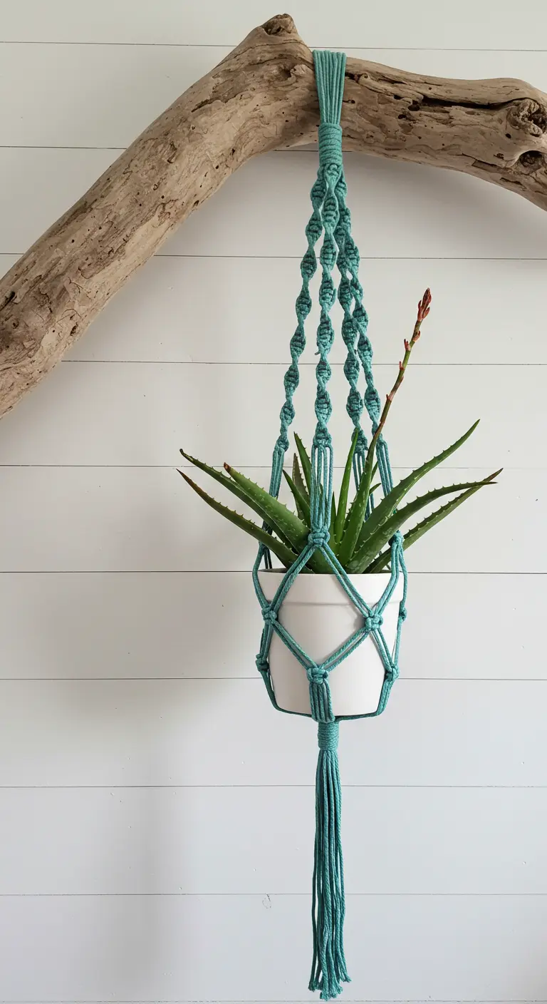 Colgador de macramé turquesa suspendido de una rama de madera de deriva, con una planta de aloe.