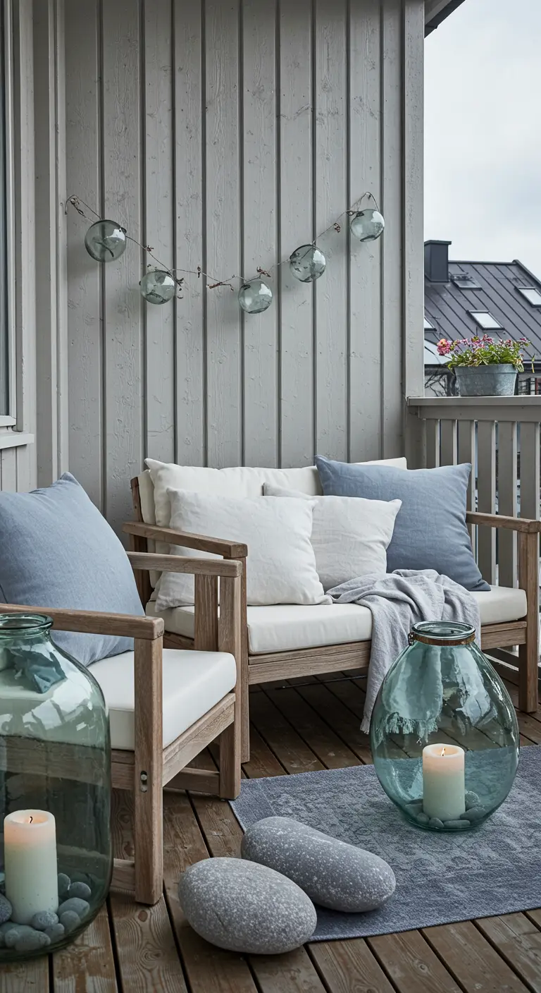 Balcón de estilo costero con muebles de madera, cojines azules y blancos y grandes jarrones de cristal.