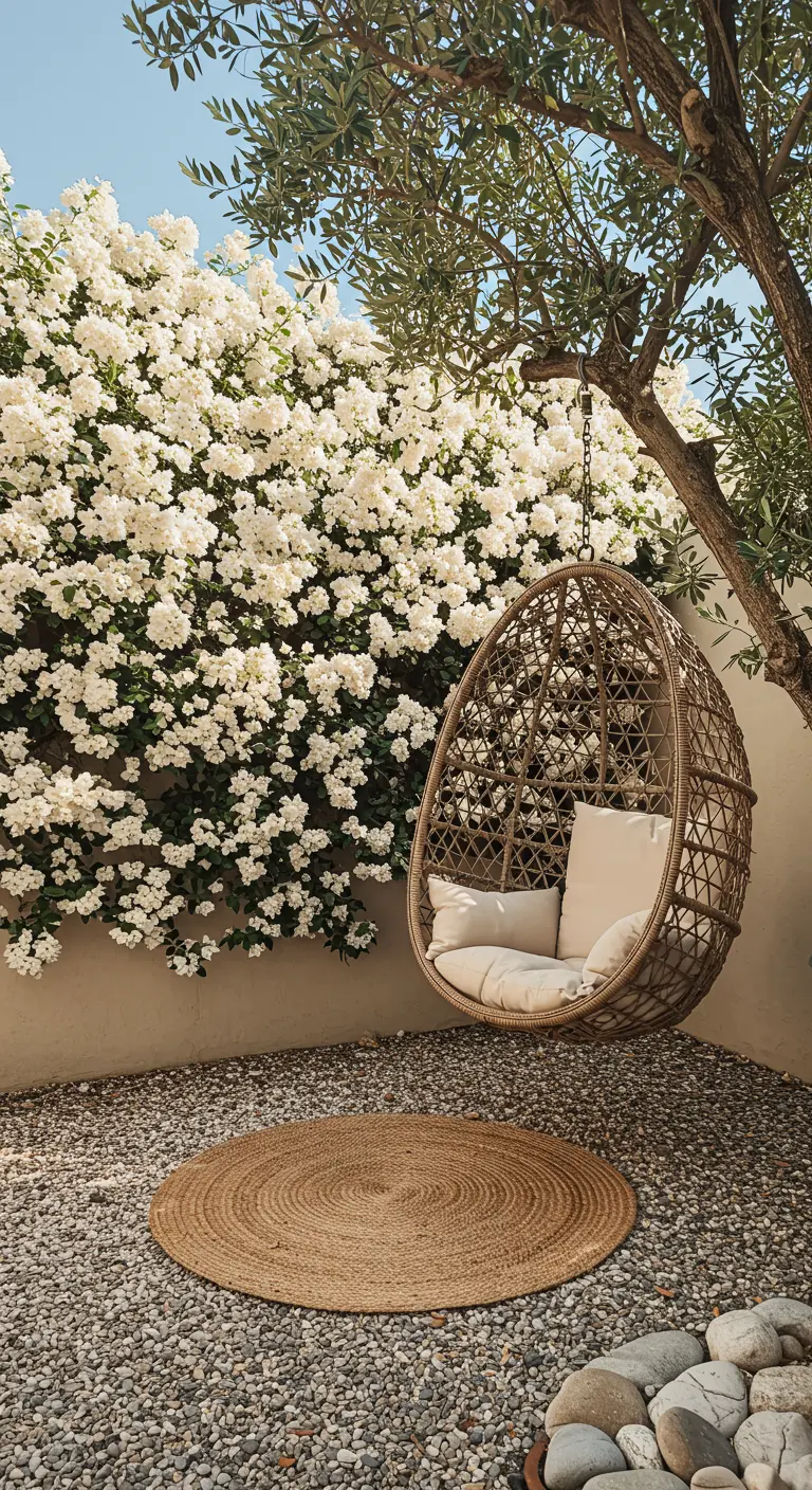 Sillón colgante de mimbre bajo un árbol, con una pared de flores blancas y alfombra de yute.