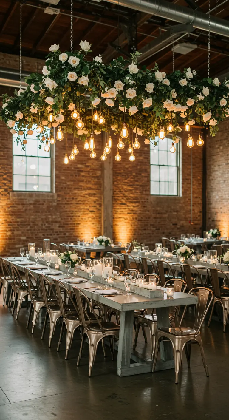 Instalación floral colgante con rosas y bombillas sobre mesas en un loft industrial.