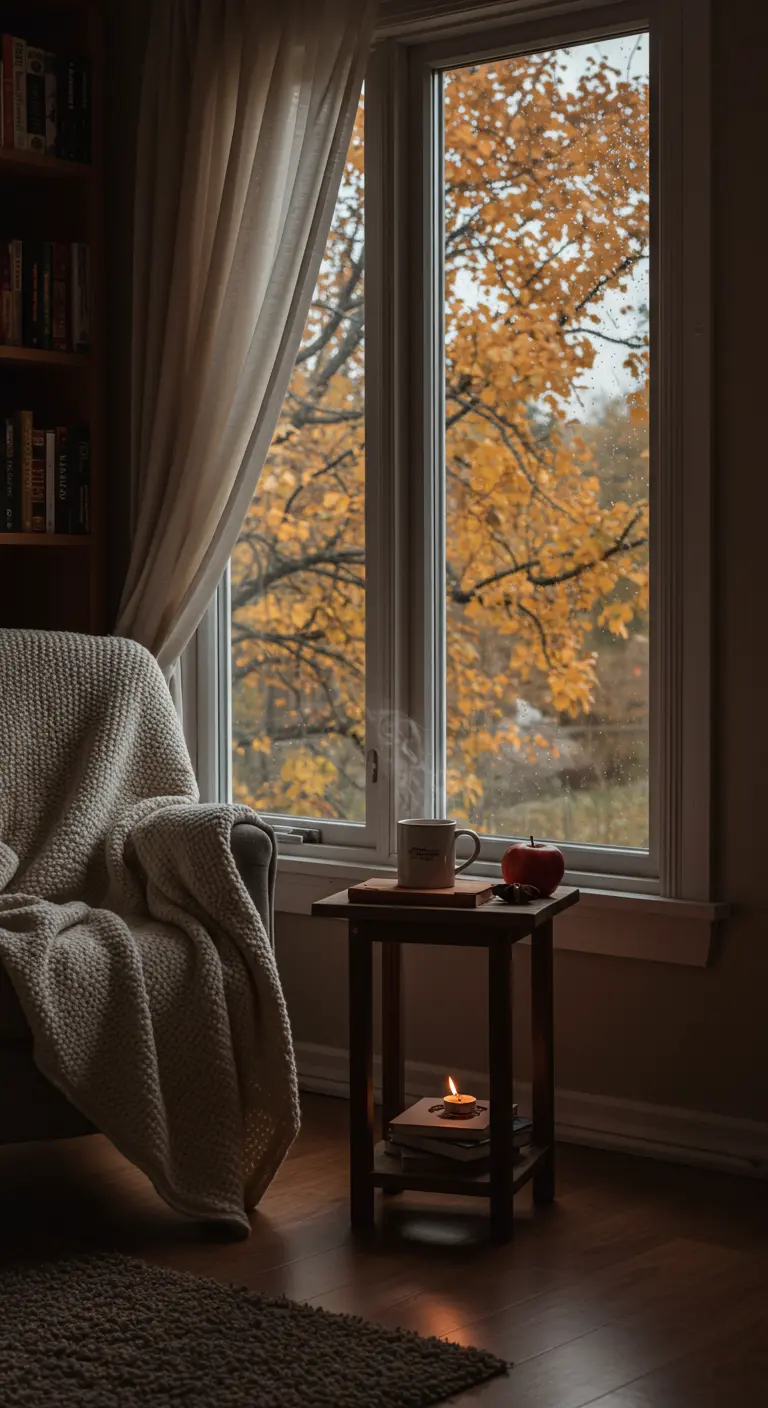 Un pequeño portavelas con una vela encendida en una mesita junto a un sillón y una ventana.