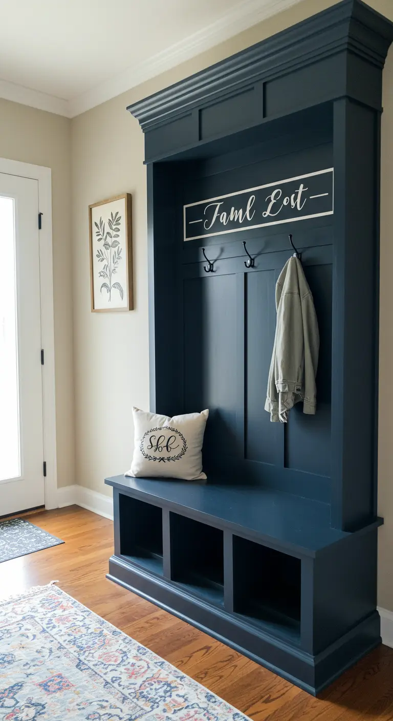 Mueble de entrada alto y azul marino con un letrero integrado que dice 'Family'.