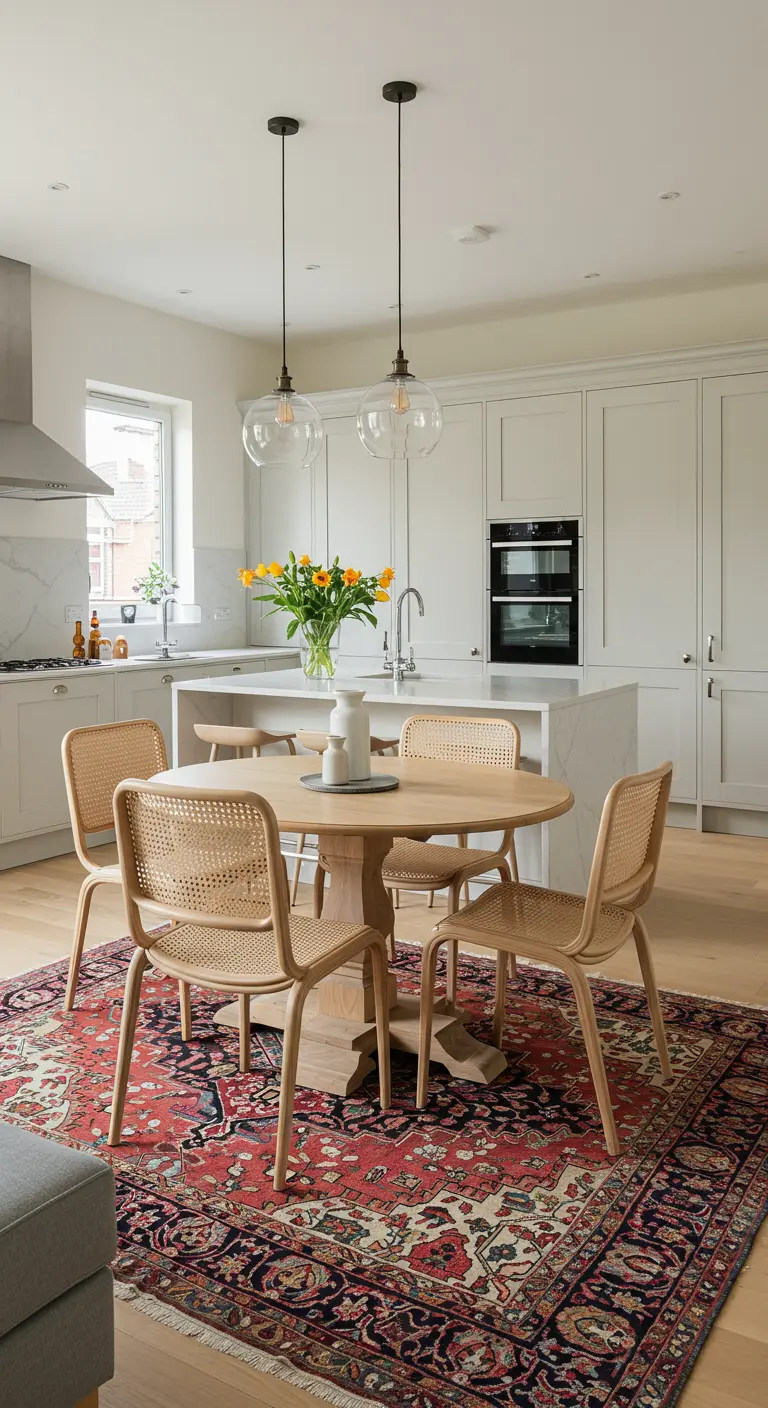 Comedor integrado en una cocina moderna, con mesa redonda de madera y sillas de ratán
