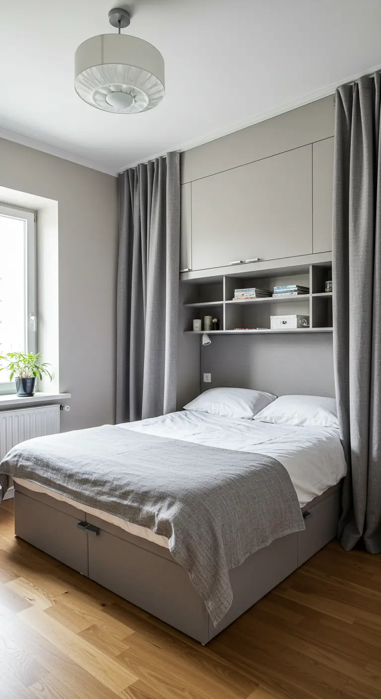 Cortinas grises a ambos lados de una cama con cabecero integrado y estanterías.