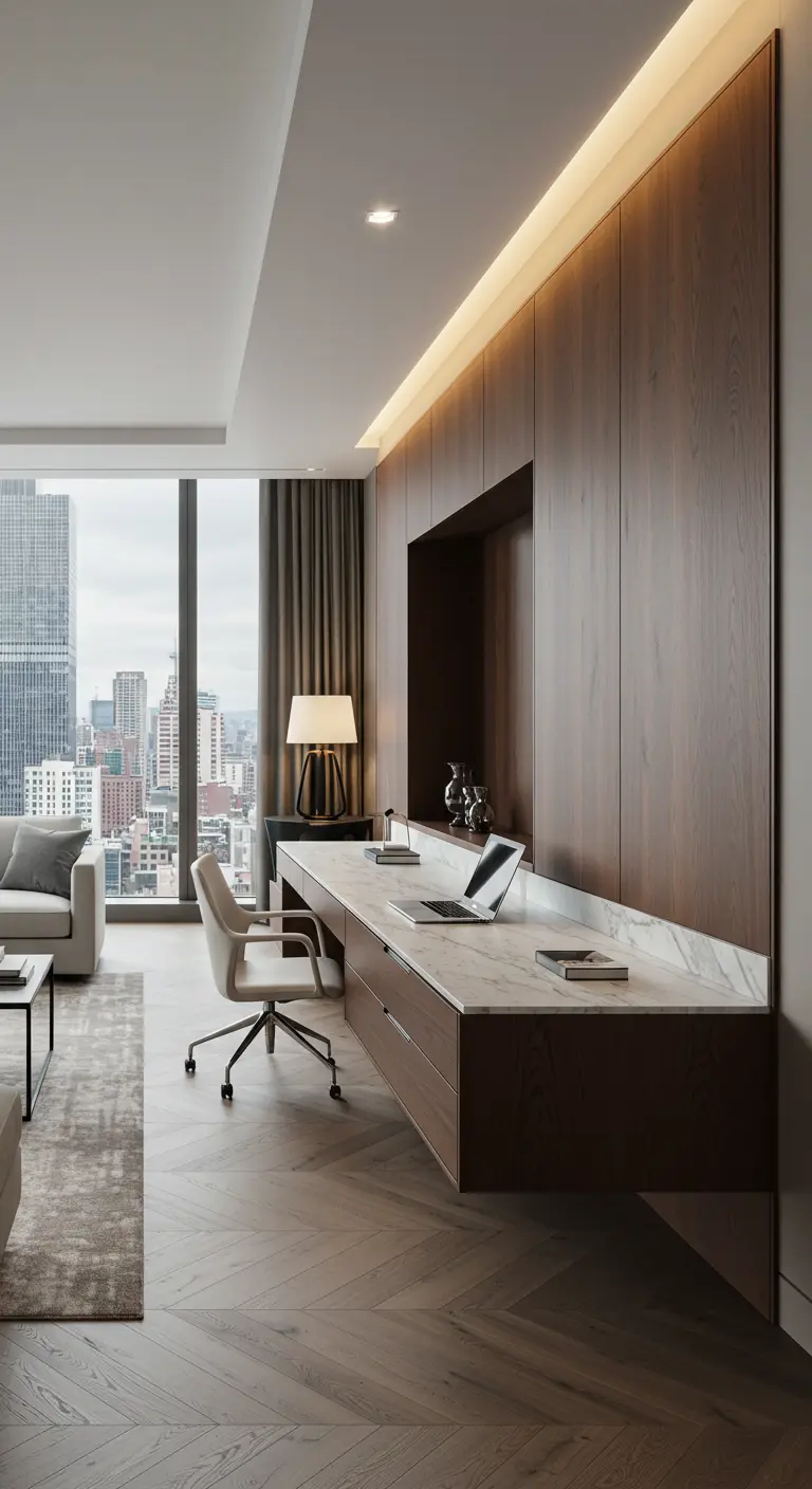 Escritorio flotante largo de mármol integrado en un panelado de madera con vistas a la ciudad.