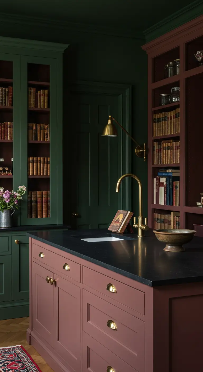 Cocina de estilo clásico con gabinetes altos en verde oscuro y una isla en rosa antiguo.