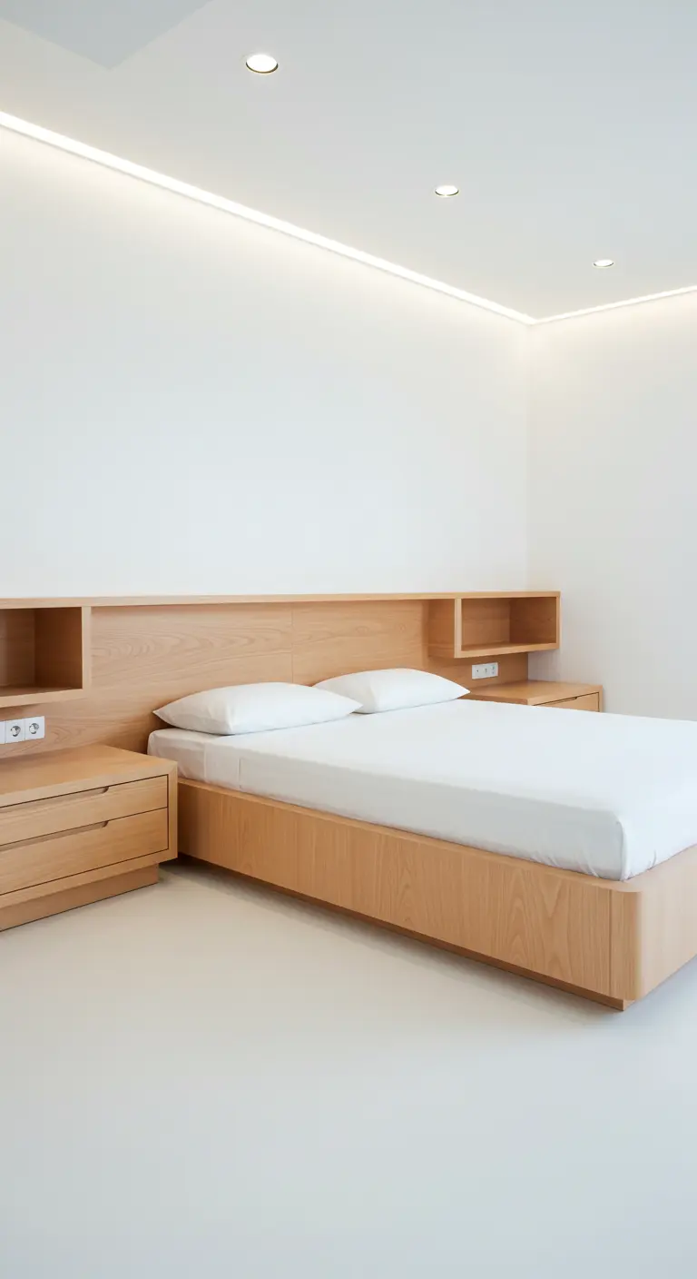 Dormitorio con cabecero de madera clara que integra mesitas y estanterías