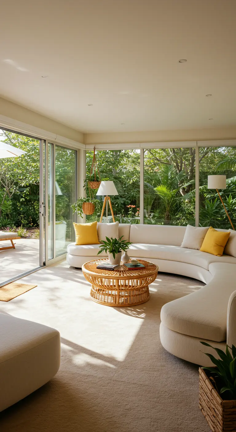 Sala de estar luminosa con sofá blanco curvo y vistas a un jardín frondoso.