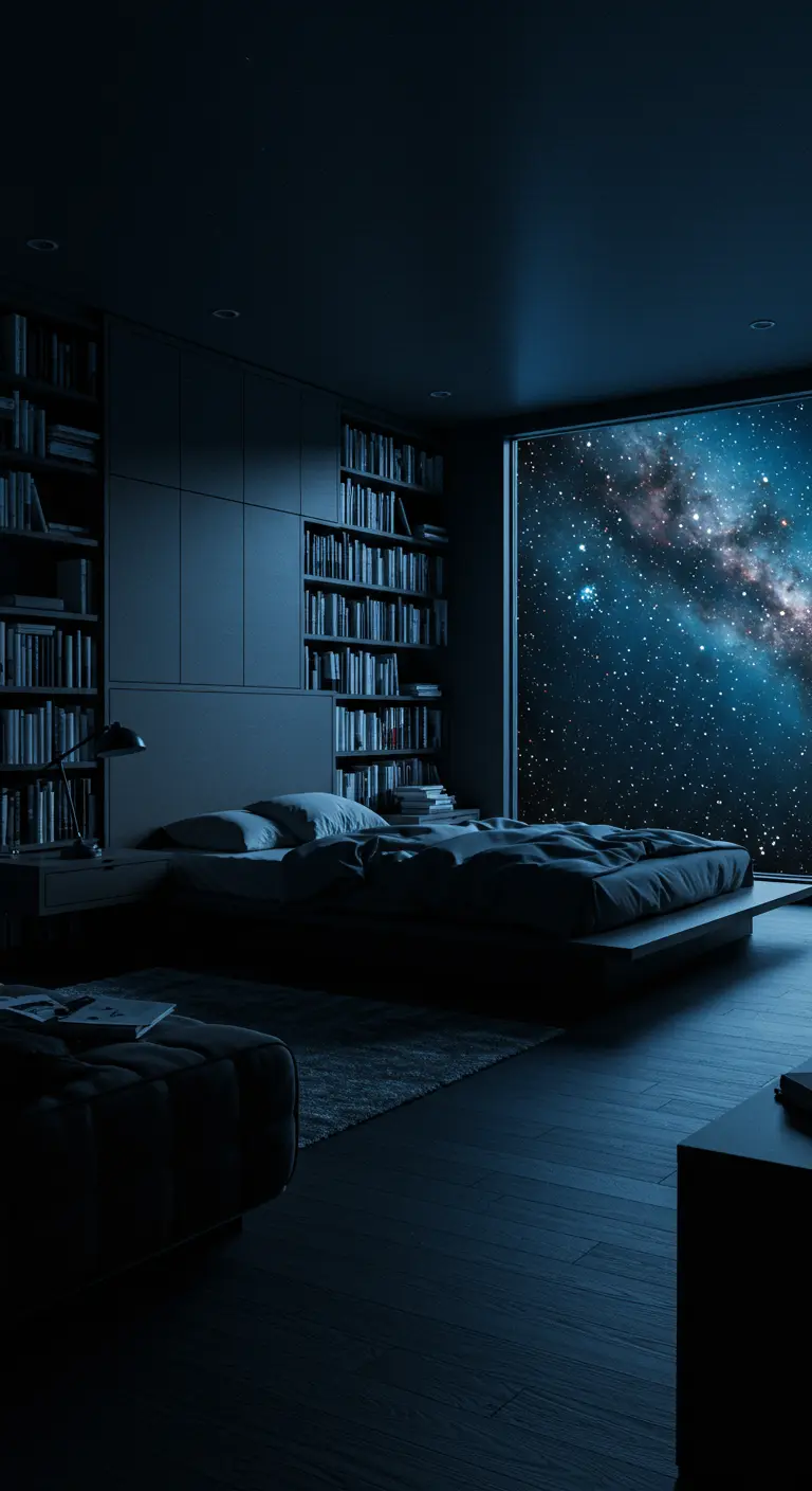 Dormitorio oscuro con una gran estantería y un ventanal con vistas a la Vía Láctea.